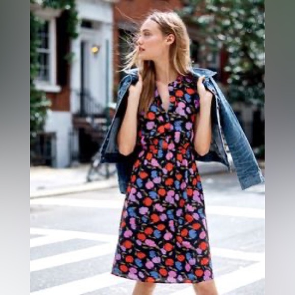 J. CREW 100% Silk Floral Midi Dress w Ruffle Sleeves - Red, Purple, Black - Picture 3 of 13